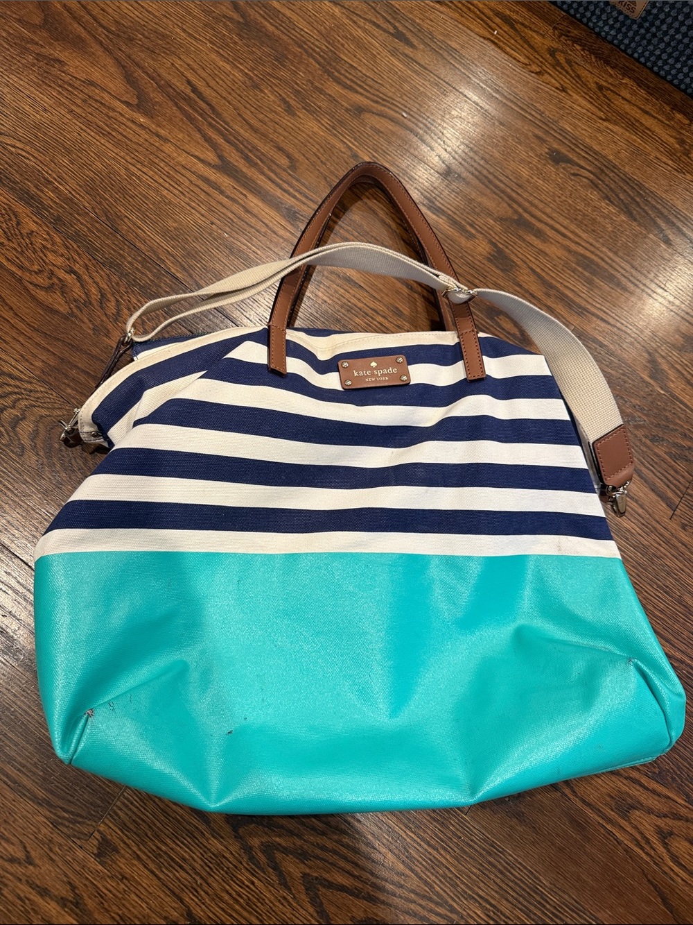 kate spade Navy & White Striped Canvas Tote with Turquoise Bottom